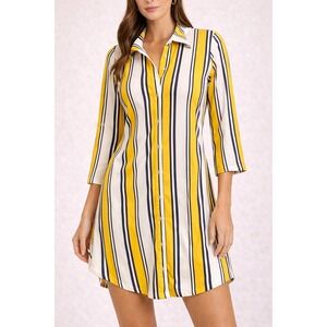 J for Justify‎ Striped Button Front Shirt Dress Tunic Yellow White Navy S